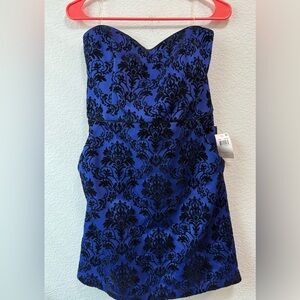 NWT Strapless Blue and Black Floral Velvet Dress